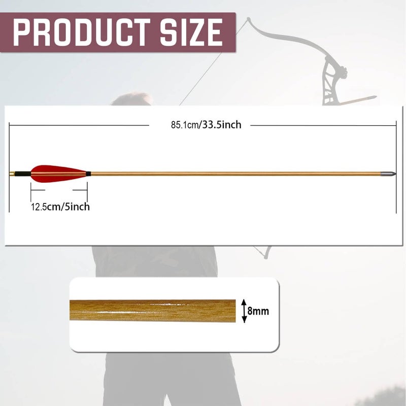 e5e10 33inch Wooden Arrows Handmade Tradition Target Arrows with Turkey Feather Fletching with Field Points for Recurve Bow Longbow Archery Practice 12PACK - Image 2